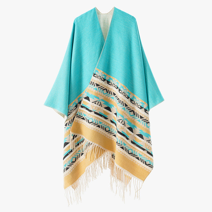 Damen V-Kragen-Überwurfponcho im Kimono-Fall mit Ethno-Bordüre und Fransensaum Echo Archiv