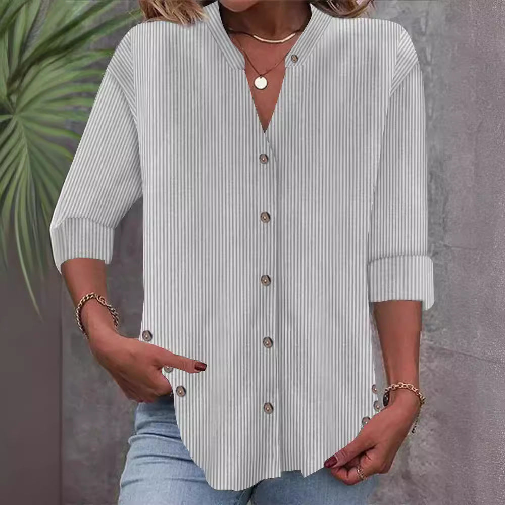 Damen Freizeit Gestreiftes Hemd Bluse mit Stehkragen, Durchgängige Knopfleiste und Roll-up 3/4 Ärmeln – Élovi