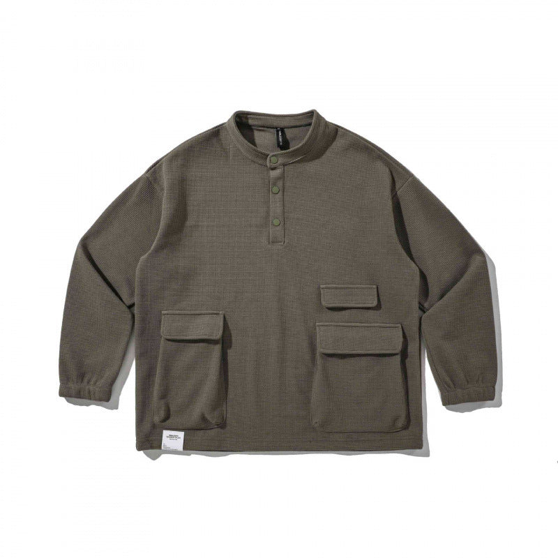 Unisex Oversize Waffelstrick-Henley-Sweatshirt mit Stehkragen, Druckknopfleiste und Utility-Taschen Echo Archiv