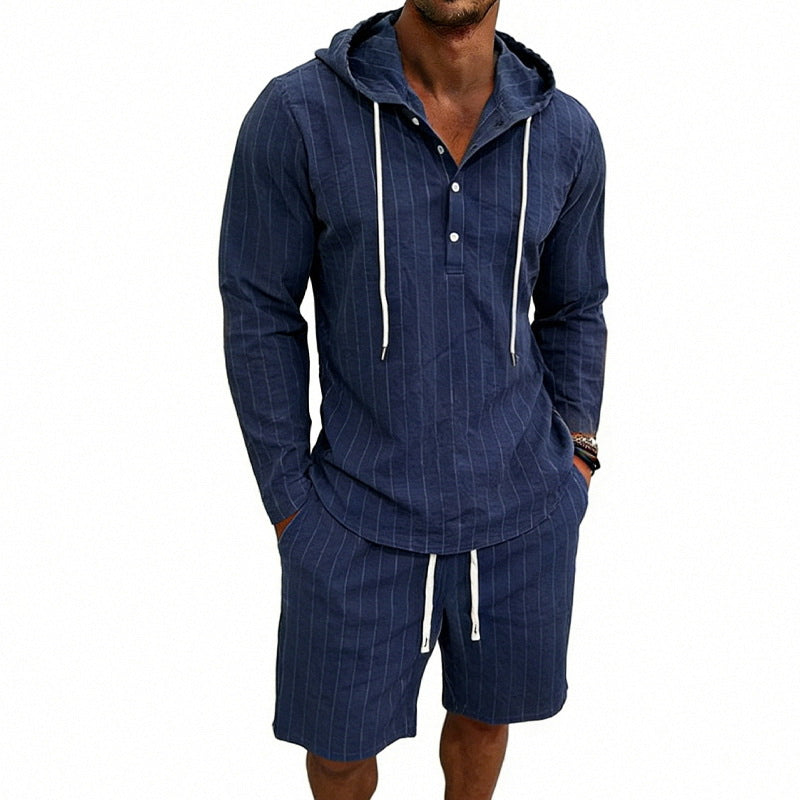 Herren nan gestreiftes Leinenoptik-Kapuzen-Henley-Set mit Tunnelzug-Shorts Echo Archiv