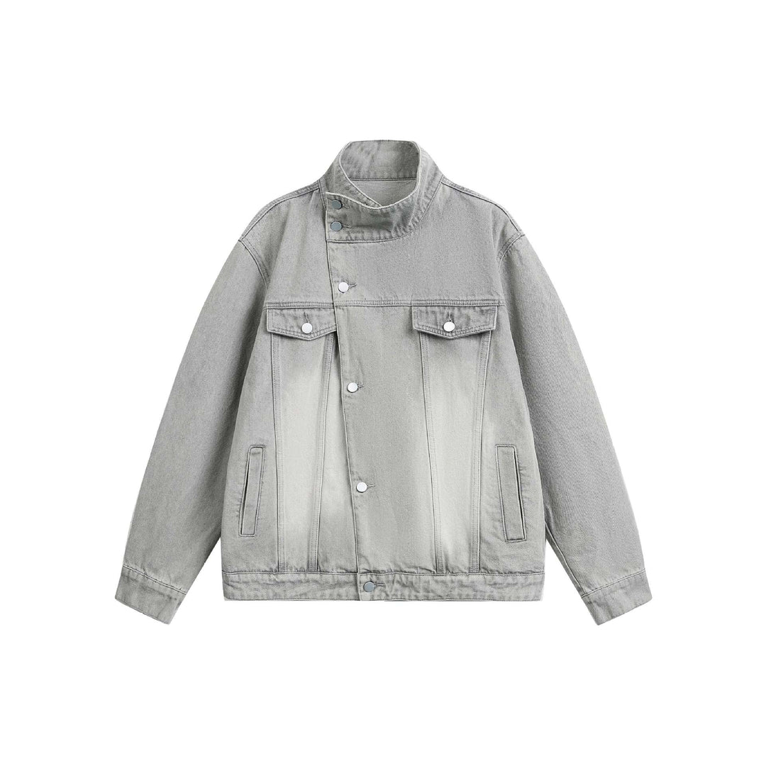 Unisex Boxy-Jeansblouson mit asymmetrischer Druckknopfblende und hohem Stehkragen Echoarchiv