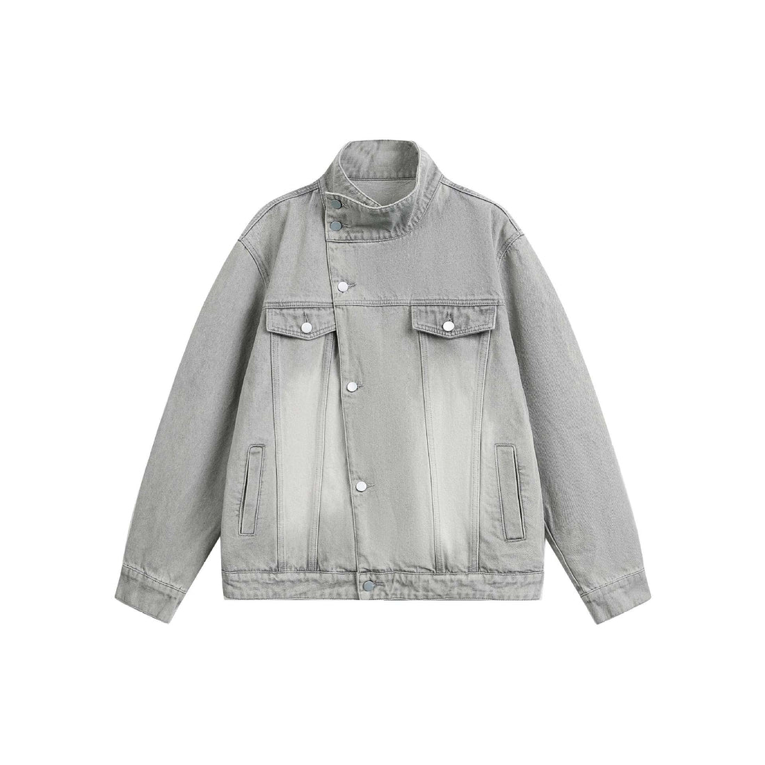 Unisex Boxy-Jeansblouson mit asymmetrischer Druckknopfblende und hohem Stehkragen Echoarchiv