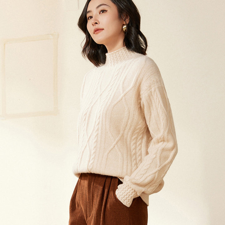 Damen Zopfstrick-Mockneckpullover mit kurzer Boxy-Silhouette Echoarchiv