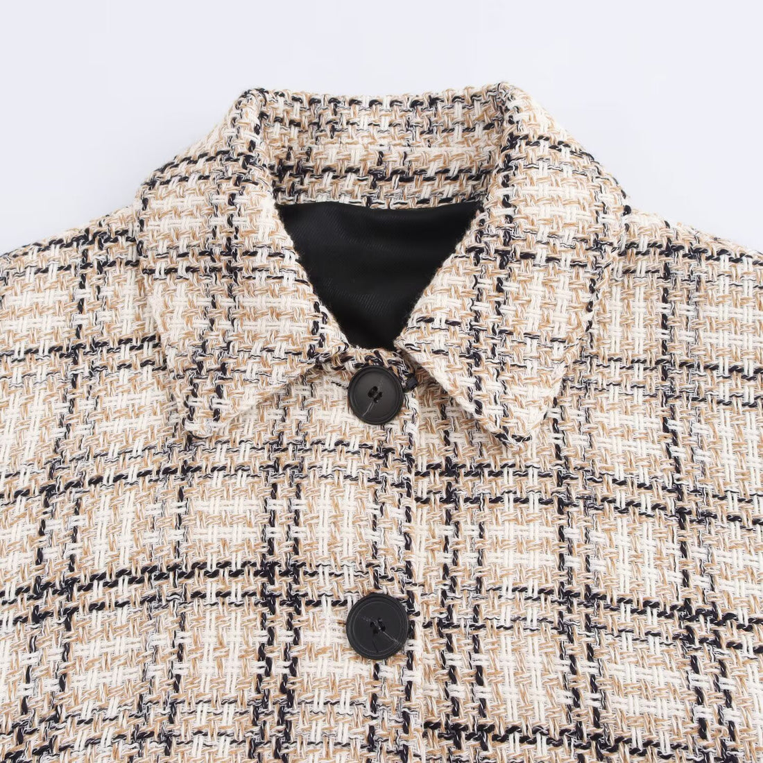 Damen Cropped Bouclé‑Übergangsjacke mit kastigem Boxy‑Schnitt, Hemdkragen und dekorativen Knöpfen Echoarchiv