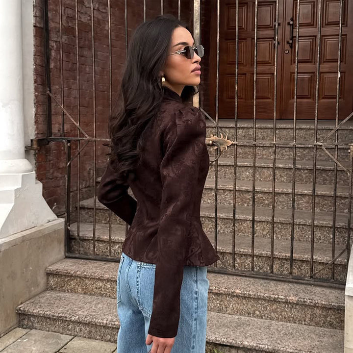 Damen Taillierter Jacquard-Blazer mit Stehkragen, Puffärmeln und Schößchen Echoarchiv