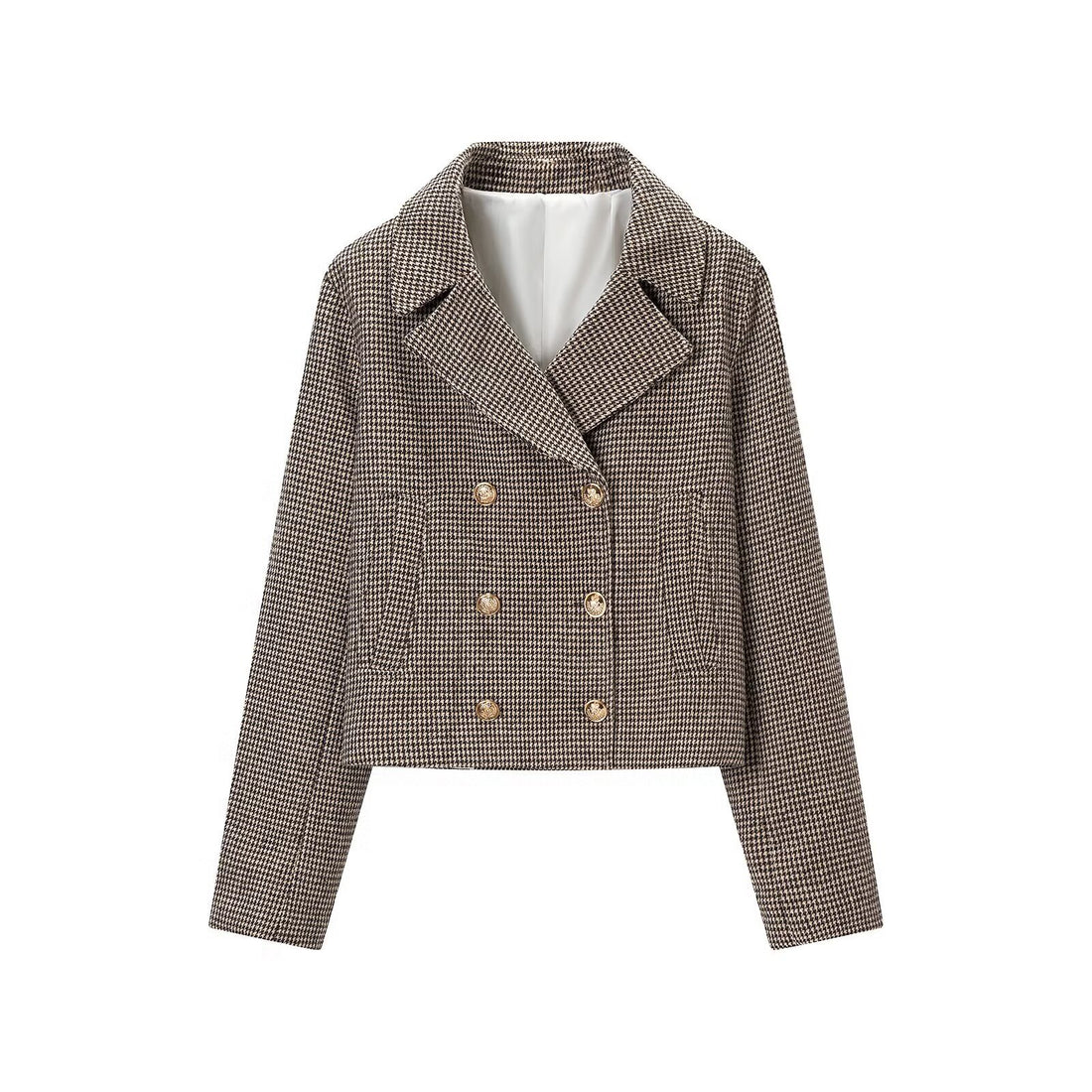 Damen Kurzgeschnittener Doppelreihiger Hahnentritt-Blazer mit taillierter Silhouette und goldenen Zierknöpfen Echoarchiv