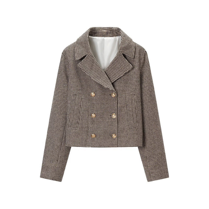 Damen Kurzgeschnittener Doppelreihiger Hahnentritt-Blazer mit taillierter Silhouette und goldenen Zierknöpfen Echoarchiv