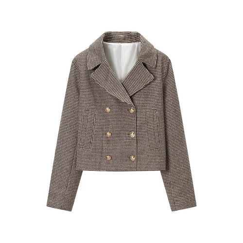 Damen Kurzgeschnittener Doppelreihiger Hahnentritt-Blazer mit taillierter Silhouette und goldenen Zierknöpfen Echoarchiv