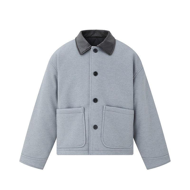Unisex Kurzblouson im minimalistischen Workwear‑Look aus Wollmix mit Lederoptikkragen Echoarchiv