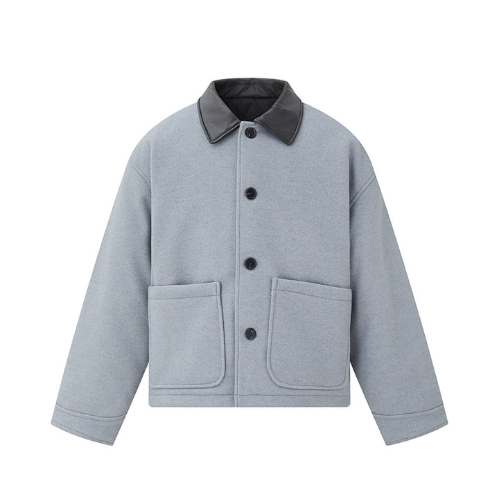 Unisex Kurzblouson im minimalistischen Workwear‑Look aus Wollmix mit Lederoptikkragen Echoarchiv