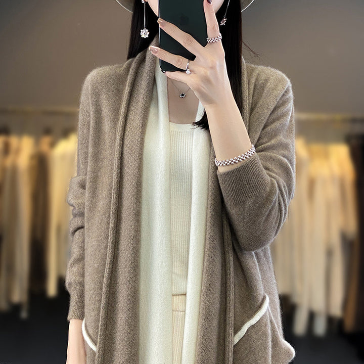 Damen Langer offener Cardigan in Kaschmir‑Look mit Schalkragen und Eingriffstaschen Echoarchiv