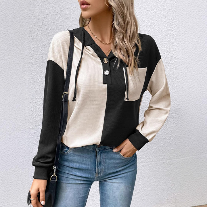 Damen nan Waffelstrick-Hoodie mit Henley-Knöpfen, Brusttasche und Kapuze Echo Archiv