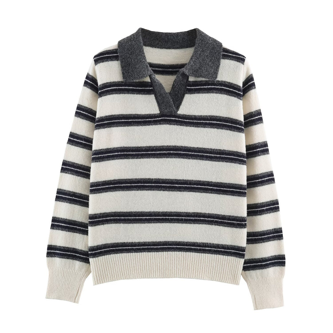 Damen Gestreifter Polokragen-Pullover mit Knopfleiste und Rippbündchen Echoarchiv