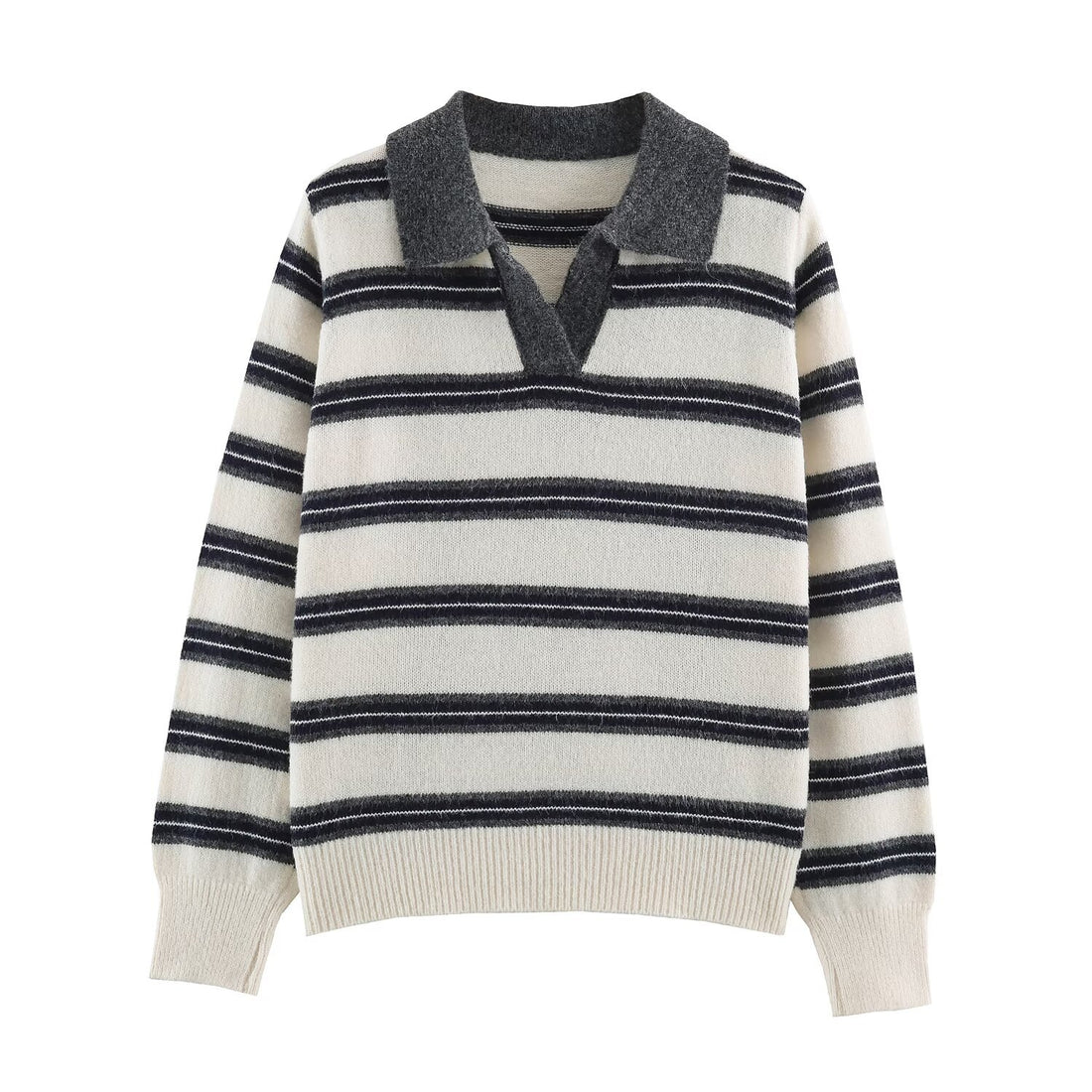 Damen Gestreifter Polokragen-Pullover mit Knopfleiste und Rippbündchen Echoarchiv