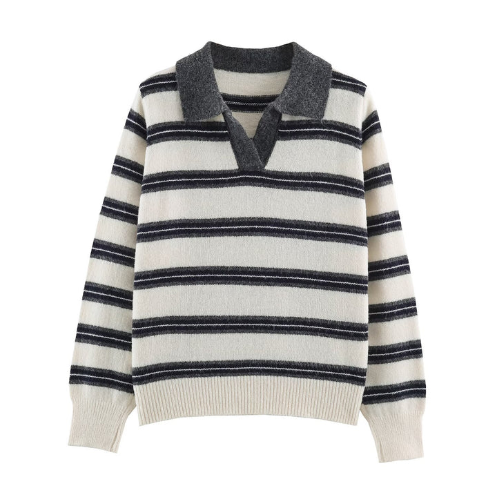 Damen Gestreifter Polokragen-Pullover mit Knopfleiste und Rippbündchen Echoarchiv