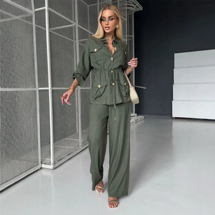 Damen Leinenoptik Utility-Hemdjacke mit Tunnelzugtaillierung und goldenen Zierknöpfen Echoarchiv