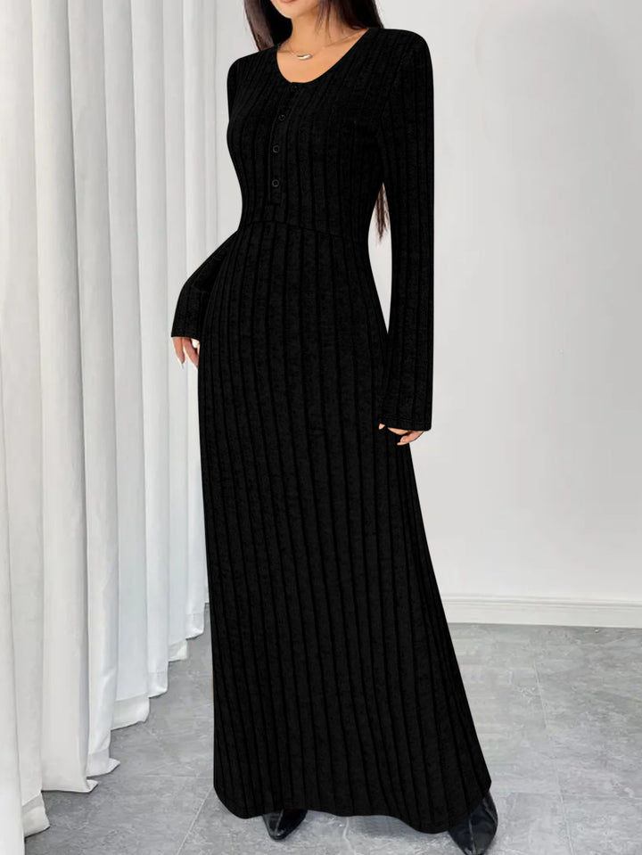 Damen Geripptes Maxi-Strickkleid mit Taillennaht und Knopfleiste Echoarchiv