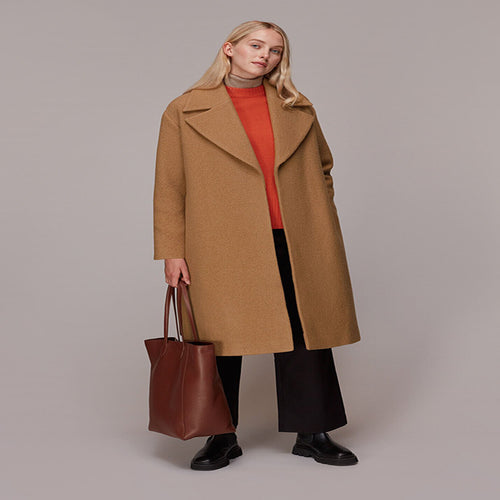 Damen Midilanger Wollmix‑Longmantel mit minimalem Schalkragen und relaxed Silhouette Echoarchiv