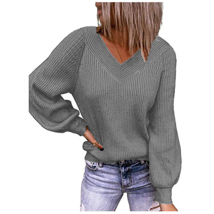 Damen Gerippter V‑Ausschnitt Pullover mit Ballonärmeln und lässiger Passform Echoarchiv
