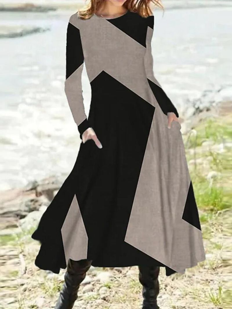 Damen nan geometrisches Maxikleid mit langen Ärmeln, A-Linien-Schnitt und seitlichen Eingrifftaschen Echo Archiv