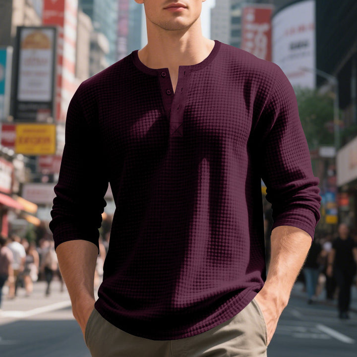 Herren nan thermoregulierendes Waffel-Thermalshirt mit Kurzknopfleiste und gerundetem Saum Echo Archiv