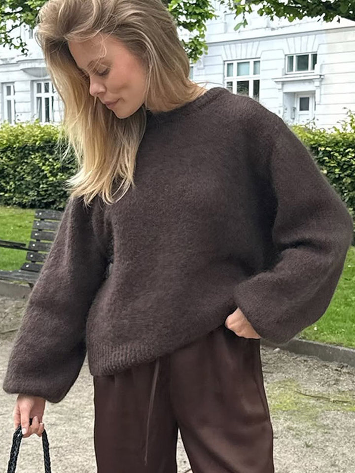 Damen Flauschiger Rundhals-Pullover mit Ballonärmeln und kastiger Silhouette Echoarchiv