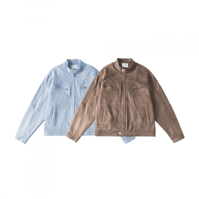 Unisex Kurzgeschnittene kastige Velours-Blousonjacke mit Stehkragen und Brustreißverschlüssen Echo Archiv