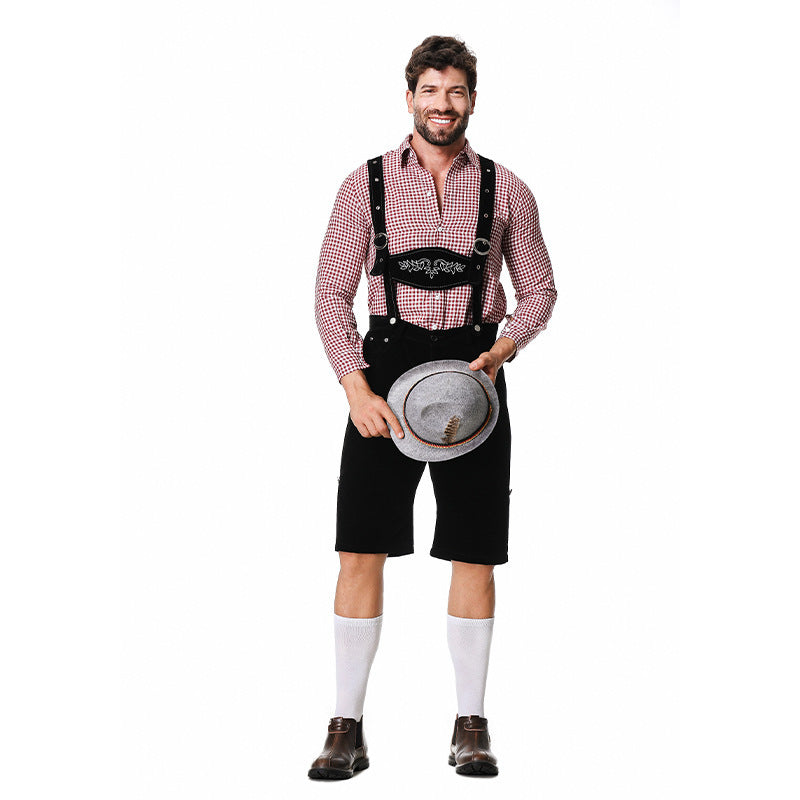 Herren nan authentische Trachten-Kniebundhose aus wildlederähnlichem Material mit verstellbaren Trägern und besticktem Brustlatz Echo Archiv