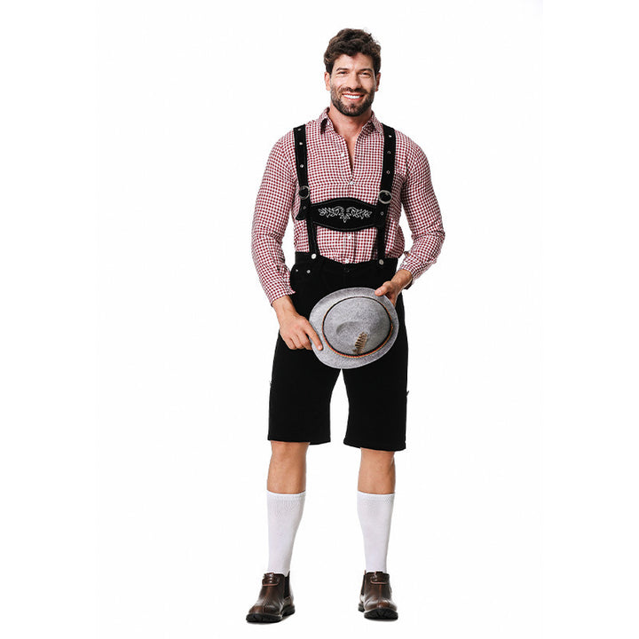 Herren nan authentische Trachten-Kniebundhose aus wildlederähnlichem Material mit verstellbaren Trägern und besticktem Brustlatz Echo Archiv