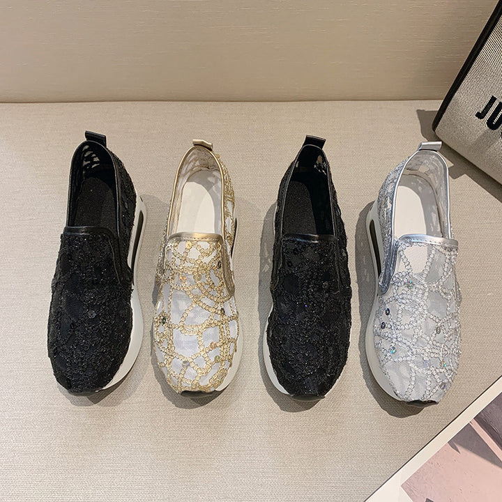 Damen Elegante Keil-Slipper mit transparentem Mesh, Paillettenstickerei und dämpfender Plateau-Sohle – Lioré