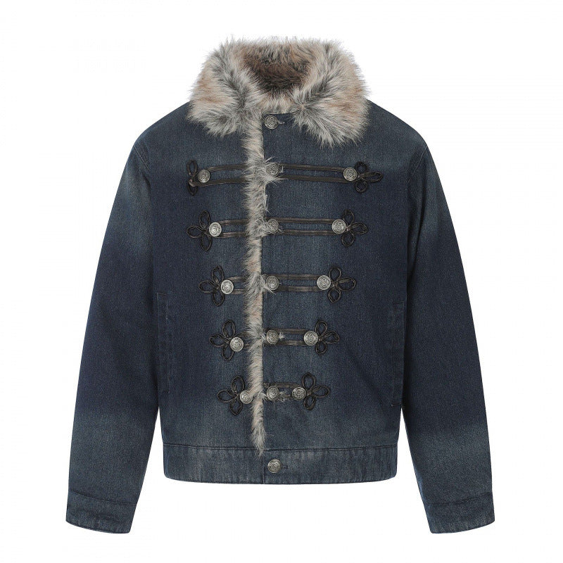 Herren Jeansjacke im Military‑Inspirierten Ornamentstil mit Kunstfellbesatz Echo Archiv