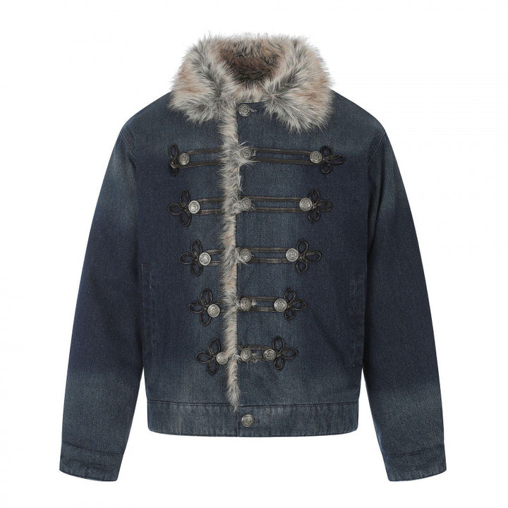 Herren Jeansjacke im Military‑Inspirierten Ornamentstil mit Kunstfellbesatz Echo Archiv