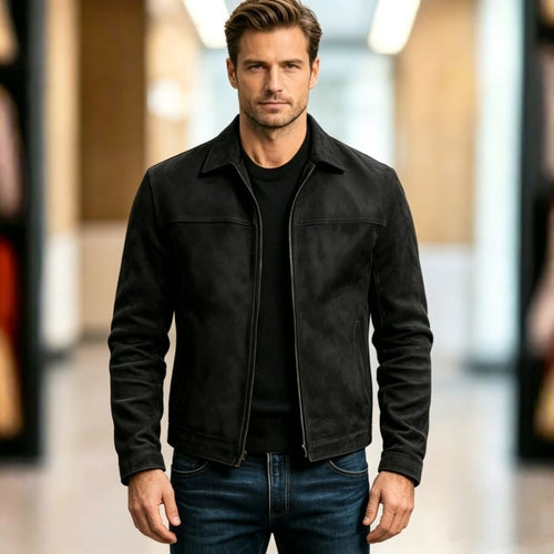 Herren nan schlanke Veloursleder-Jacke mit klassischem Kragen und verdecktem Reißverschluss Echo Archiv