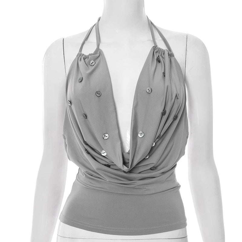 Damen elegantes Trägershirt mit tiefem V-Ausschnitt und Knopfdetails Echo Archiv