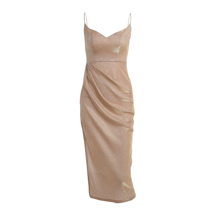 Damen elegantes Metallic-Effekt-Midikleid mit Spaghettiträgern Echo Archiv