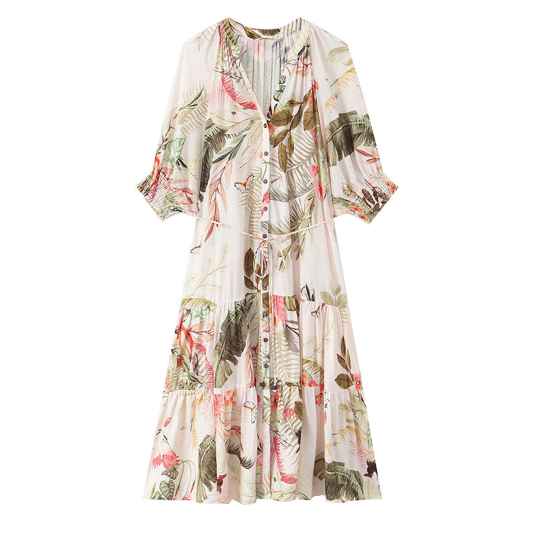 Damen Langes Boho-Maxikleid mit Knopfleiste, Bindegürtel und Stufenrock Echo Archiv