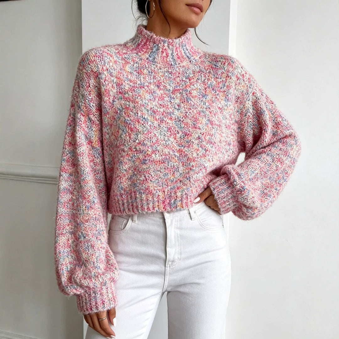 Damen Kurzgeschnittener Oversize-Pullover mit Stehkragen, mehrfarbigem Bouclé-Muster und Ballonärmeln – Mavelle