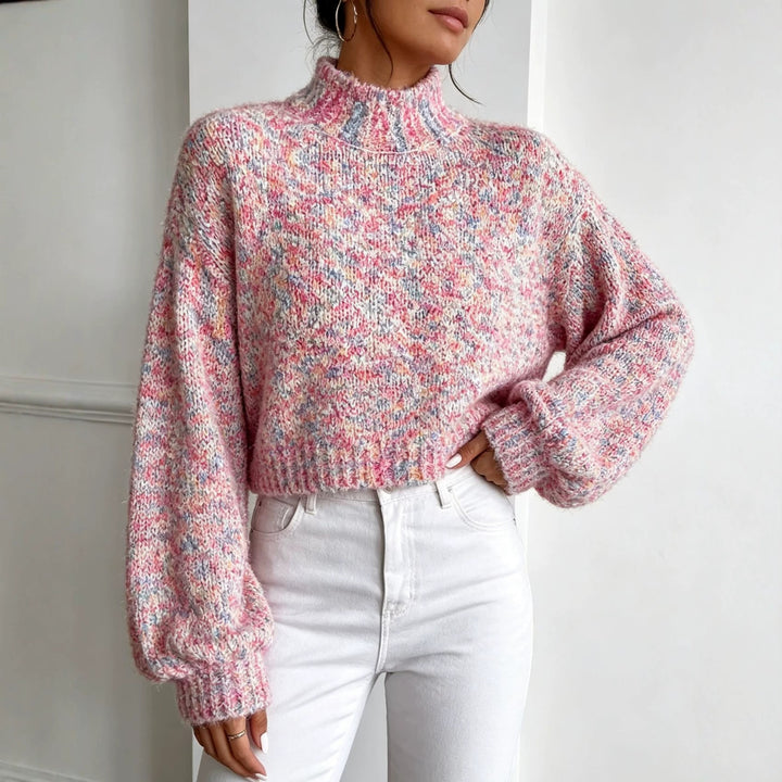 Damen Kurzgeschnittener Oversize-Pullover mit Stehkragen, mehrfarbigem Bouclé-Muster und Ballonärmeln – Mavelle