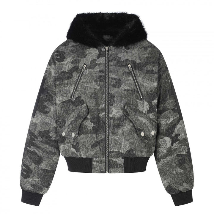 Damen Boxy-Bomberjacke mit weichem Kunstpelzkragen und floraler Camouflage-Struktur Echo Archiv