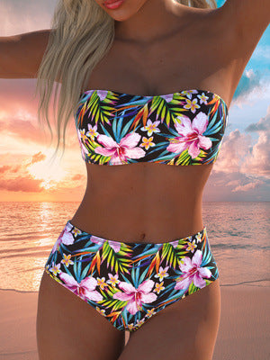 Damen Bandeau-Bikini-Set mit hochgeschnittenem Höschen und tropischem Blütenmuster Echo Archiv