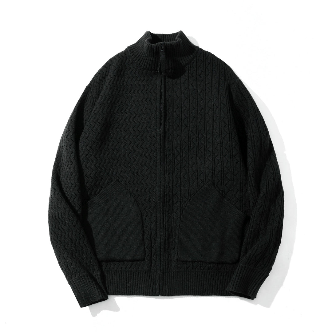 Unisex strukturierte Strick‑Zipjacke mit hohem Rippkragen und Kängurutaschen Echoarchiv