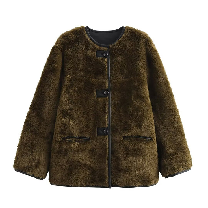 Damen Boxy-Teddyjacke im Faux-Shearling mit Rundhals, Knopfverschluss und Lederpaspeln Echoarchiv