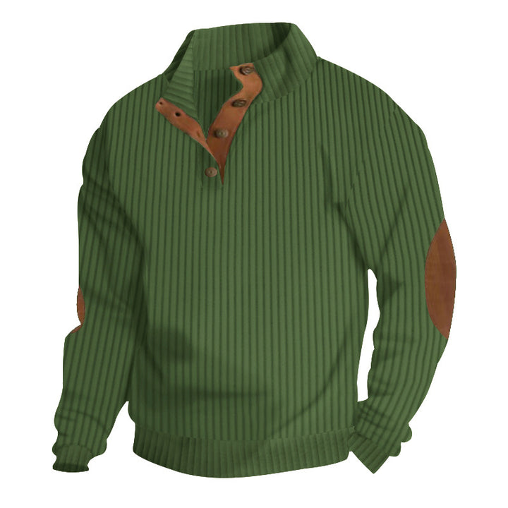 Herren nan strukturierter Ripp-Pullover mit kurzem Knopfkragen und Wildleder-Ellbogenpatches Echo Archiv