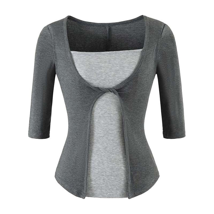 Damen Lagen‑Look Shirt mit Knotenfront, Dreiviertelärmel und integriertem Untertop Echoarchiv