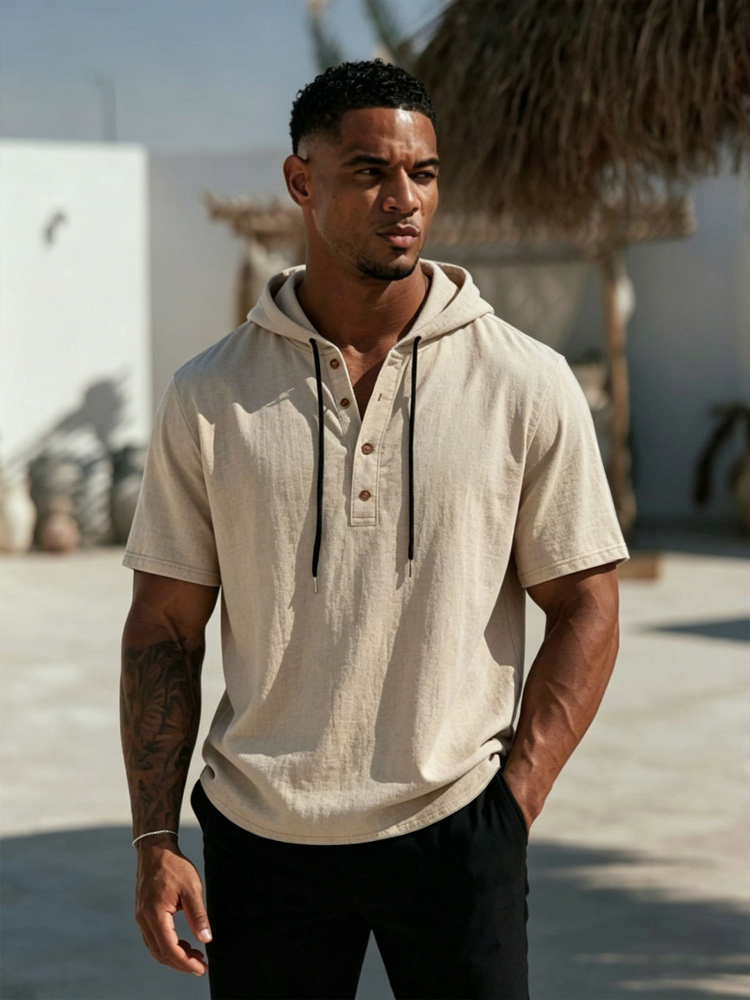 Herren Kurzarm-Hoodie-Henley aus Leinenoptik mit Knopfleiste – Cavarno