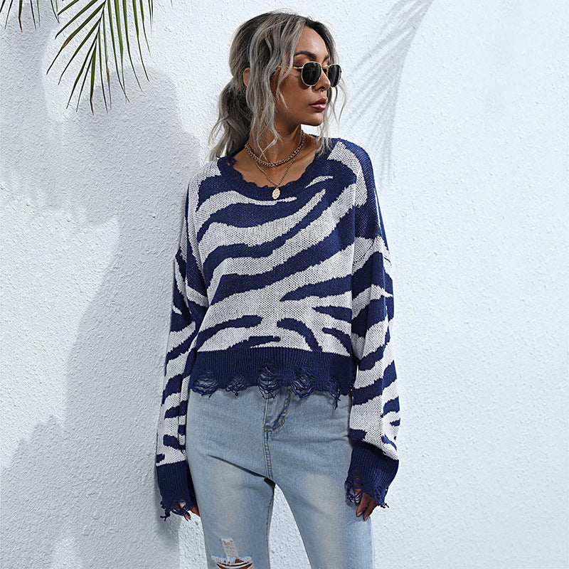 Damen Oversize-Strickpullover mit Zebrastreifen‑Jacquard, ausgefranstem Saum und Raglanärmeln Echoarchiv