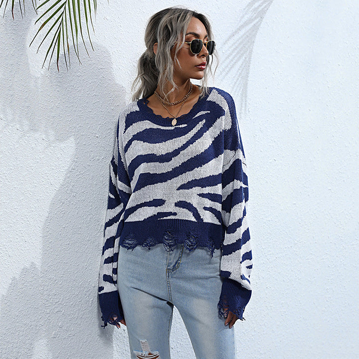 Damen Oversize-Strickpullover mit Zebrastreifen‑Jacquard, ausgefranstem Saum und Raglanärmeln Echoarchiv
