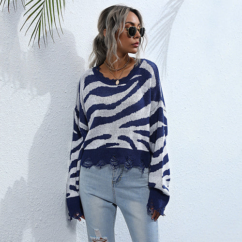 Damen Oversize-Strickpullover mit Zebrastreifen‑Jacquard, ausgefranstem Saum und Raglanärmeln Echoarchiv