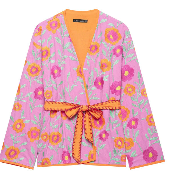 Damen Bestickte Kimonojacke mit Blumenstickerei, Bindegürtel und kontrastierendem Besatz Echo Archiv