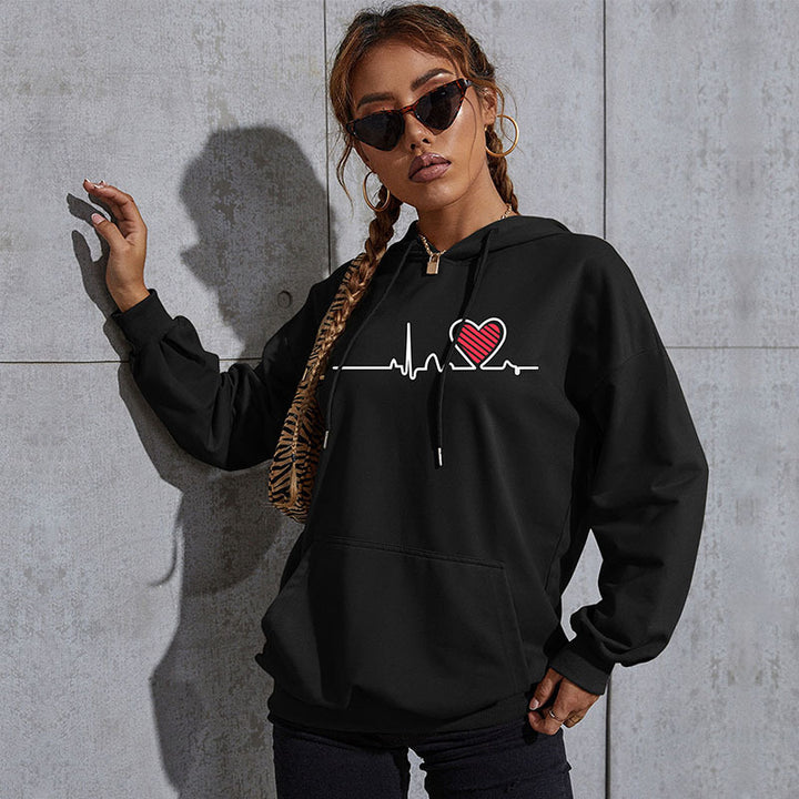 Damen Oversize-Kapuzenpullover mit Herz-EKG‑Print und Kängurutasche Echoarchiv
